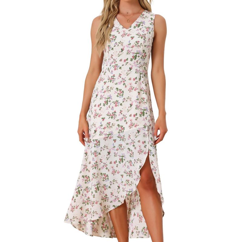 Allegra K Women's Floral Print Summer A-Line High Low Side Slit Sleeveless Midi Dress, 1 of 6