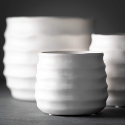 Matte Ivory Ribbed Ceramic Round Pots Set of 3