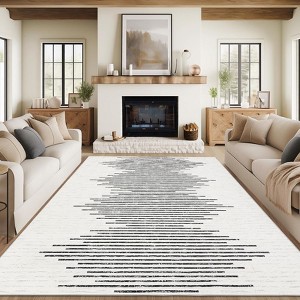 Non Slip Backing 9x12 Machine Washable Area Rug Modern Minimalistic Striped Low Pile Rug Stripe Geometric Foldable Large Carpet for Living Room - 1 of 4