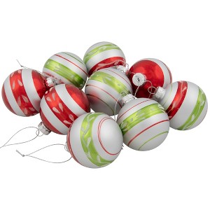 Northlight Glitter Striped Glass Christmas Ornaments - 2.75" (55 mm) - Silver, Red and Green - 9ct - 1 of 4