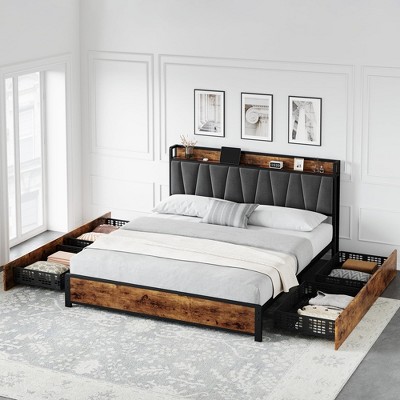 Full Size Bed Frame with Storage Linen Upholstered Headboard, 4 Drawers Platform Bed Frame