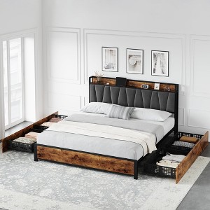 Full Size Bed Frame with Storage Linen Upholstered Headboard, 4 Drawers Platform Bed Frame - 1 of 4