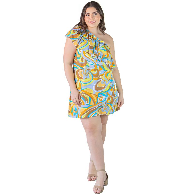 24seven Comfort Apparel Plus Size Yellow Floral Print One ShoulderRuffle Mini Dress, 5 of 7