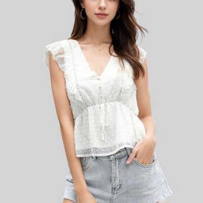 Anna-Kaci Women's Swiss Dot Sleeveless Top with Ruffle Trim and Tie Waist