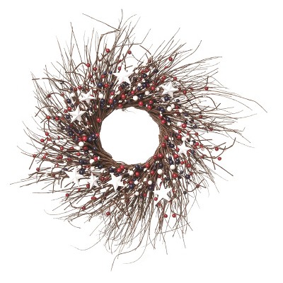 Transpac Natural Fiber 24" Red White and Blue 4th of July Patriotic Twigs and Stars Wreath