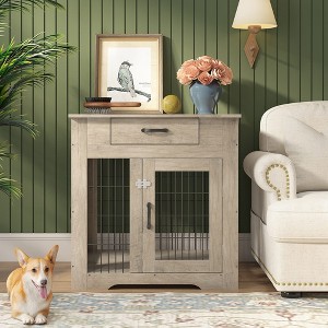Dog Crate For Small-medium Dogs, Furniture Style Dog Crate End Table With Drawer, Ventilation Fences Dog House, Pet Kennels With Double Doors - 1 of 4