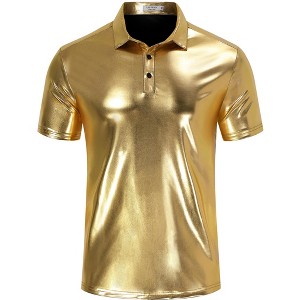 Men's 70s Disco Shirts Shiny Sequins Short Sleeve Party Shirt Slim Fit Nightclub Costume Tops - 1 of 4