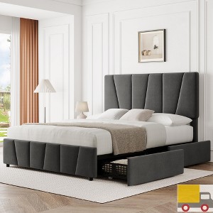 Jojoka Upholstered Platform Bed with Adjustable Headboard and Storage Drawers – Linen Fabric, No Box Spring Needed - 1 of 4