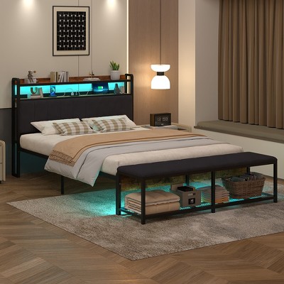 VECELO Full/Queen Upholstered Bed Frame with Storage End of Bed Bench, Platform Bed with Headboard & Charging Station, LED Lights, Gray