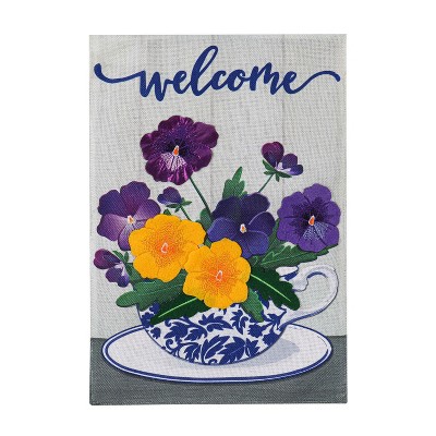 Pansy Teacup Garden Burlap Flag