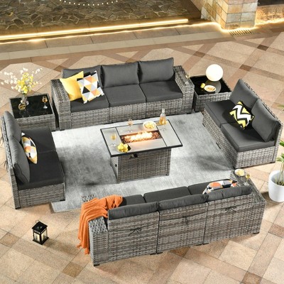 XIZZI 13 Pieces Sectional Sofa Set with Fire Pit Table, Wide Armrest and Deep Seat, Modular Furniture Set for Backyard Garden