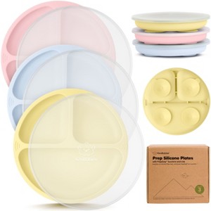 3-Pack Prep Suction Plates with Lids, 100% Silicone Baby Plates with Lid, BPA-Free Kids Divided Toddler Plates - 1 of 4