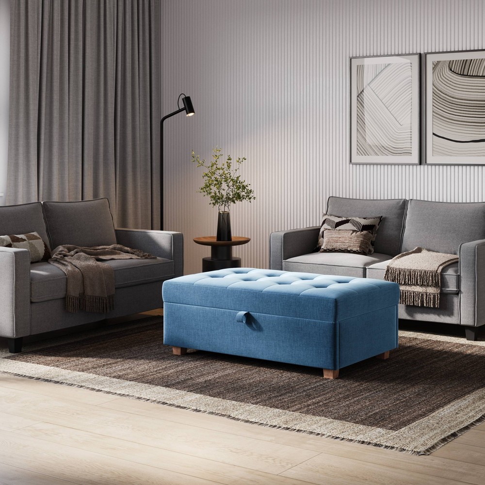 Photos - Pouffe / Bench CorLiving Aubin Large Storage Ottoman Blue: Transitional Upholstered Bench, Rectangle Shape, Wood Frame 