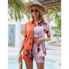 Women Colorblock 2 Piece Outfits Cotton Linen Set for Summer Long Sleeve Button Down Shirtand Shorts - 3 of 4