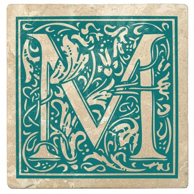 Christmas by Krebs Set of 4 Ivory and Teal Blue Alphabet "M" Square Monogram Coasters 4"