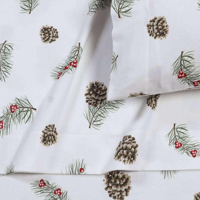 Tribeca Living Queen Pine Cones and Berries Portuguese Cotton Flannel Extra Deep Pocket Sheet Set, 1 of 4