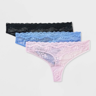 Women's 3pk Lace Thong Underwear - Wild Fable™ Black/Blue/Lilac