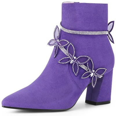 BLISSFUL STEP Butterfly Rhinestone Strap Chunky Heels Ankle Boots for Women