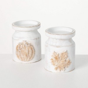 Whitewashed Pillar Holder Multicolor 5.5"H Wood Set of 2 - 1 of 3