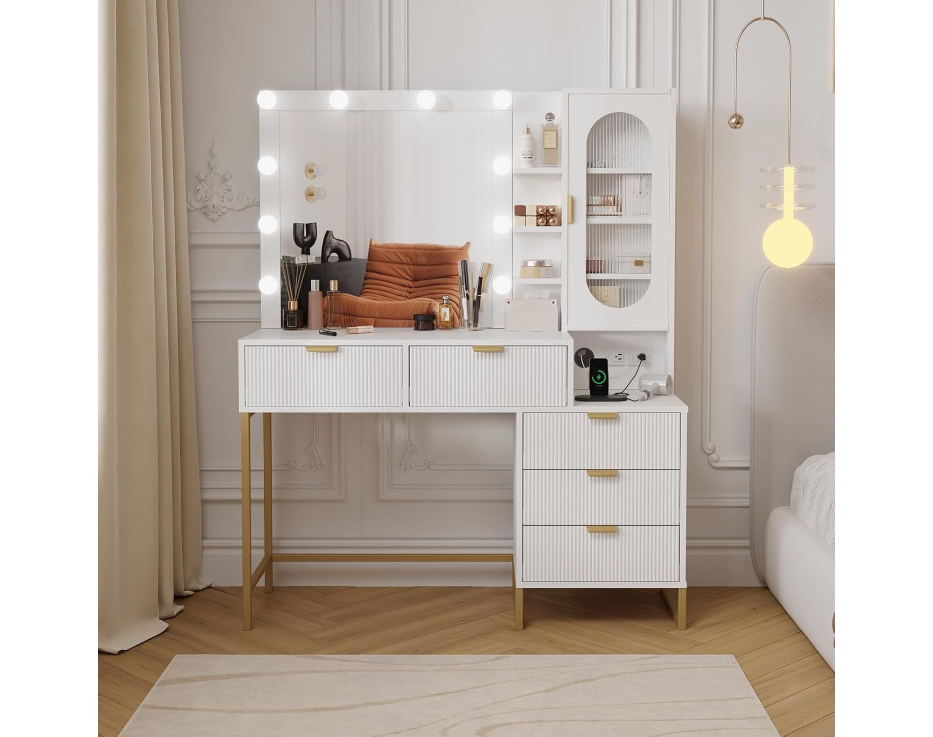 Wavy Stripes Vanity Desk with Mirror & Power Outlet, Makeup Dressing Table with 5 Drawers for Bedroom