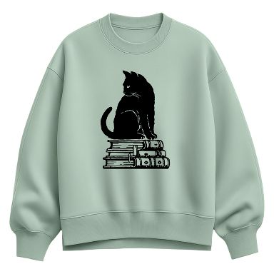 Women's Instant Message Black Cat On Books Oversized Fleece Crew
