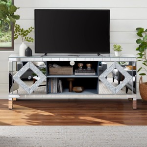 59'' Silver Mirrored TV Stand, TV Console Table with Open Shelf and 2 Storage Cabinets, Sparkling Mirror Doors – Cuddlewood - 1 of 4