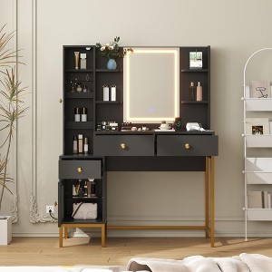 Makeup Vanity Desk with 3 Color LED Mirror,with Soft Cushioned Stool,Dressing Table with Charging Station,3 Drawers,Cabinet & Open Shelves-Black - 1 of 4