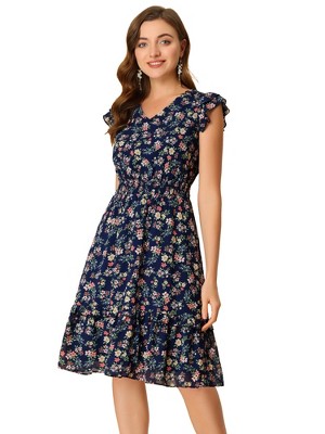 Allegra K Women's Floral Flutter Sleeves V Neck Smocked Ruffle Sundresses