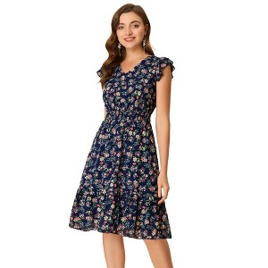 Allegra K Women's Floral Flutter Sleeves V Neck Smocked Ruffle Sundresses - 1 of 4