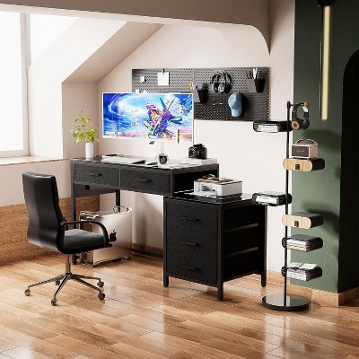 Aheaplus Home Office Desk with 5 Drawers, Reversible Computer Desk with Power Outlet,Corner Writing Desk with File Cabinet