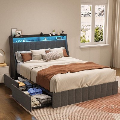 Streamdale LED Queen Bed Frame with Storage Drawers, Headboard - Dark Grey
