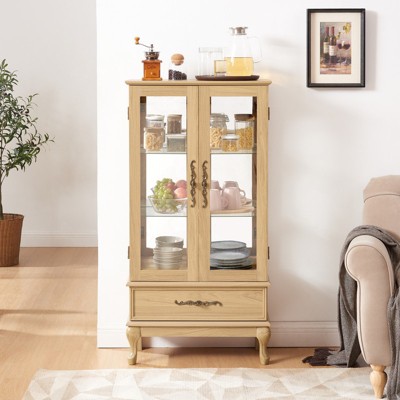 GlasFlength Decorative Storage Cabinets, Elegant Farmhouse Style Cabinet, with Glass Doors and A Spacious Drawer, adding a Classic Touch, Beige,