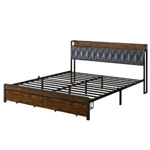 Dexmalle Metal Platform Bed Frame with 2 Storage Drawers and Charging Station & LED Lights - 1 of 4