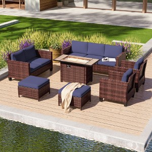 Sonkuki 7 Pieces Patio Sofa with Rectangle Fire Pit Table and Ottomans, Wicker Conversation Couch, Navy Blue Cushion - 1 of 4