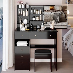 Ridstar 37 in. W Left Drawer Desktop Vanity Tables with Cushioned Stool & Multi Layer High Capacity Storage for Small Space-Black - 1 of 4