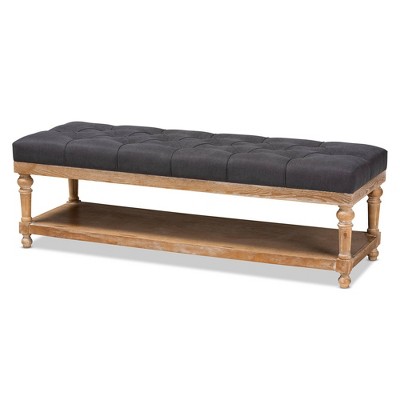 Charcoal Linen and Greywashed Wood Storage Bench with Tufted Detail