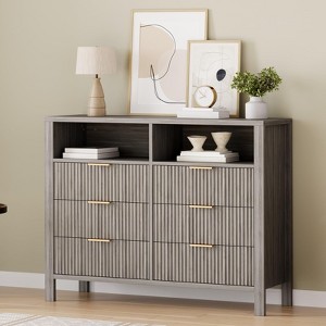 6 Drawer Dresser for Bedroom, Farmhouse Chest of Drawers with 2 Open Shelves and Fluted Doors - 1 of 4