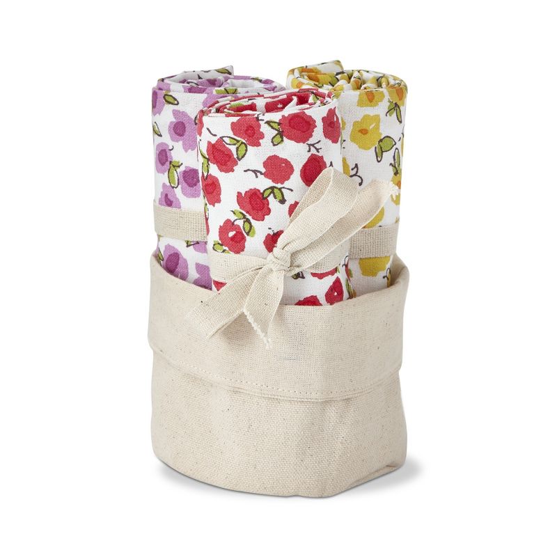 TAG Set of 3 in Cloth Bin Spring Purple Red and Yellow Flower Print on White Background Cotton   Kitchen Dishtowels 26L x 18W in., 1 of 4