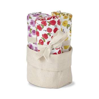 TAG Set of 3 in Cloth Bin Spring Purple Red and Yellow Flower Print on White Background Cotton   Kitchen Dishtowels 26L x 18W in.