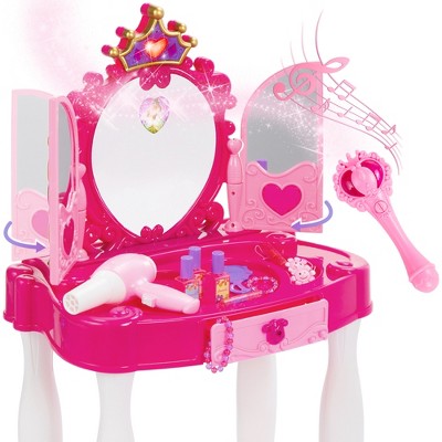 Best Choice Products Kids Vanity Mirror Set Girl Pretend Play Toy w/ Magic Wand Remote, Hairdryer, Stool & Accessories