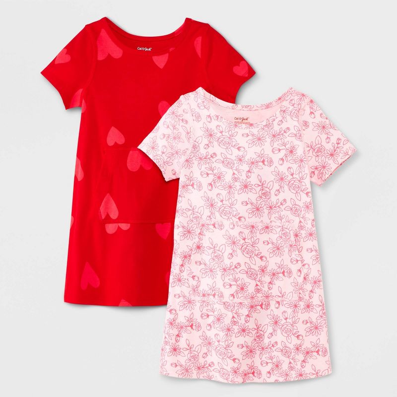 Toddler Girls&#39; 2pk Adaptive Short Sleeve Valentines Day Dress - Cat &#38; Jack&#8482; Red/Pink, 1 of 6