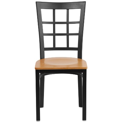 36.5'' High Black Steel Window Back Chair with Natural Wood Seat