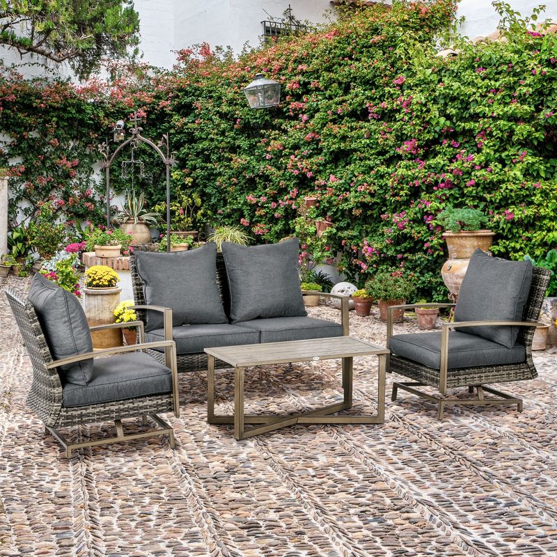 Outsunny Patio Furniture Set, 4 Piece Outdoor Rattan Conversation Set with 2 Rocking Chairs, Cushions, Loveseat Sofa & Coffee Table, 3 of 9