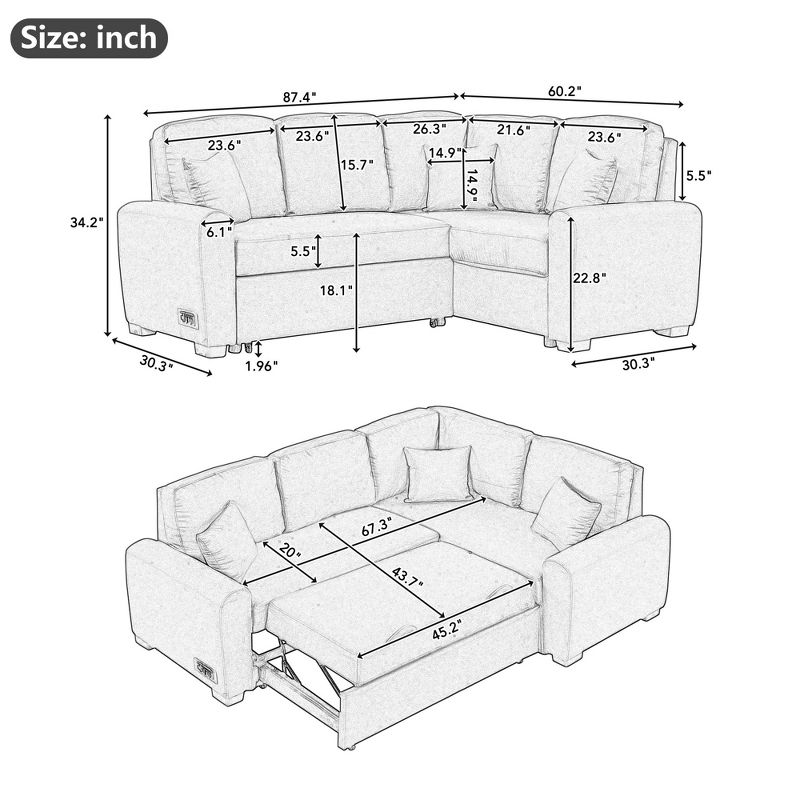 87.4" L Shaped Sectional Sofa Bed with USB Charging Ports and Plugs, Pull-Out Sofa Bed with 3 Pillows - ModernLuxe, 3 of 14