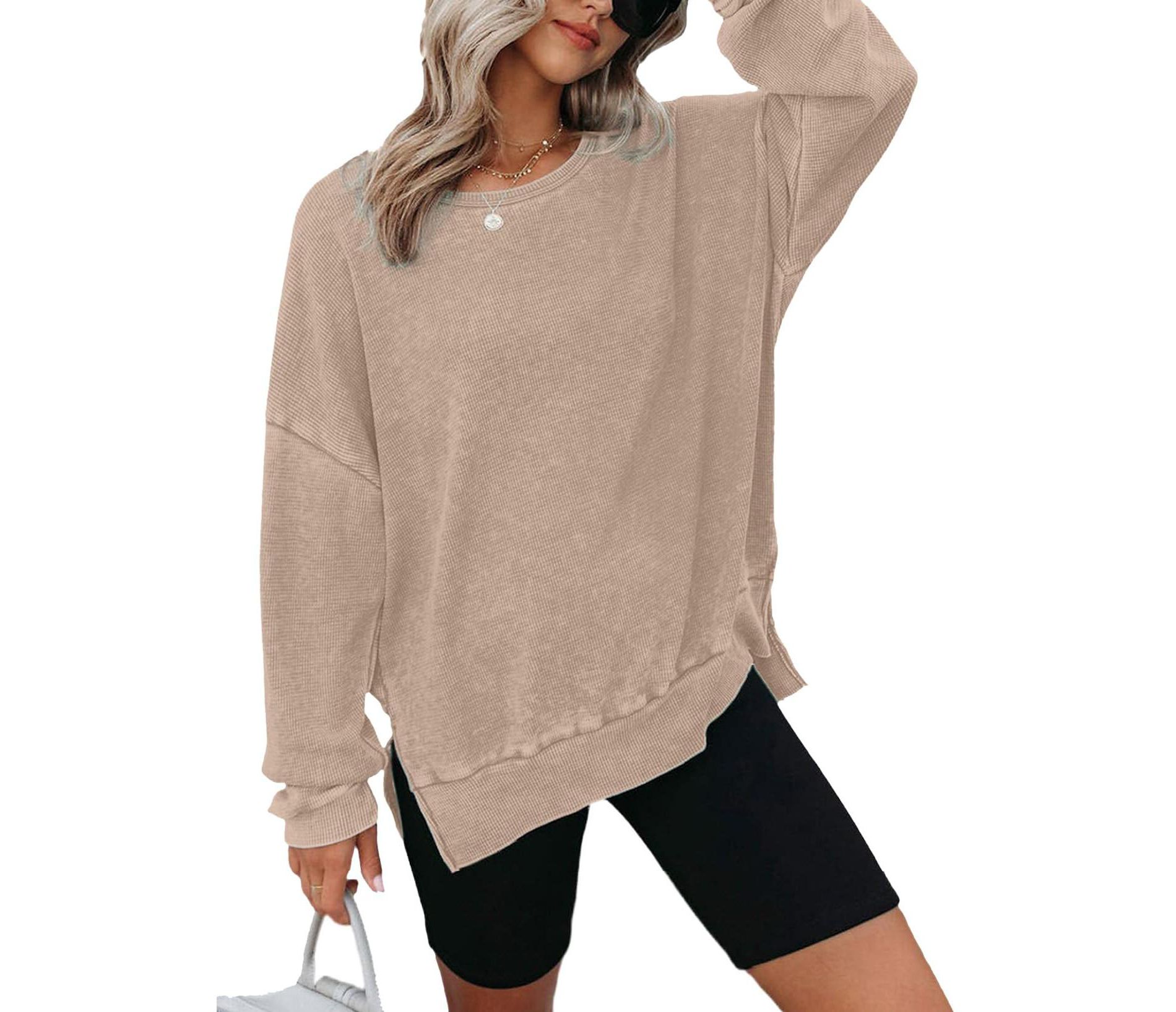Women's Oversized Sweatshirts Casual Crewneck Long Sleeve Side Slit Waffle Knit Pullover Sweatshirt Tops