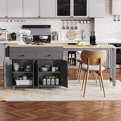 Kitchen Island with Extendable Table and 4-Door Cabinet, Rolling Cart with 2 Drawers and Spice Rack, MDF Frame Kitchen Island-Coolbibila