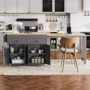 Kitchen Island with Extendable Table and 4-Door Cabinet, Rolling Cart with 2 Drawers and Spice Rack, MDF Frame Kitchen Island-Coolbibila - 1 of 4