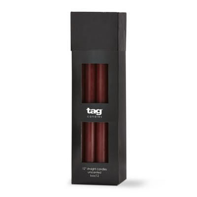 TAG Color Studio 12" Straight Taper Unscented Smokeless Paraffin Wax Candle Plum Purple, Burn Time 12 hrs. Set 12