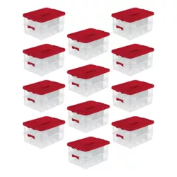 Sterilite 24 Compartment Stack and Carry Holiday Ornament Home Storage Organization Festive Box with Secure Latching Lid, (12 Pack)
