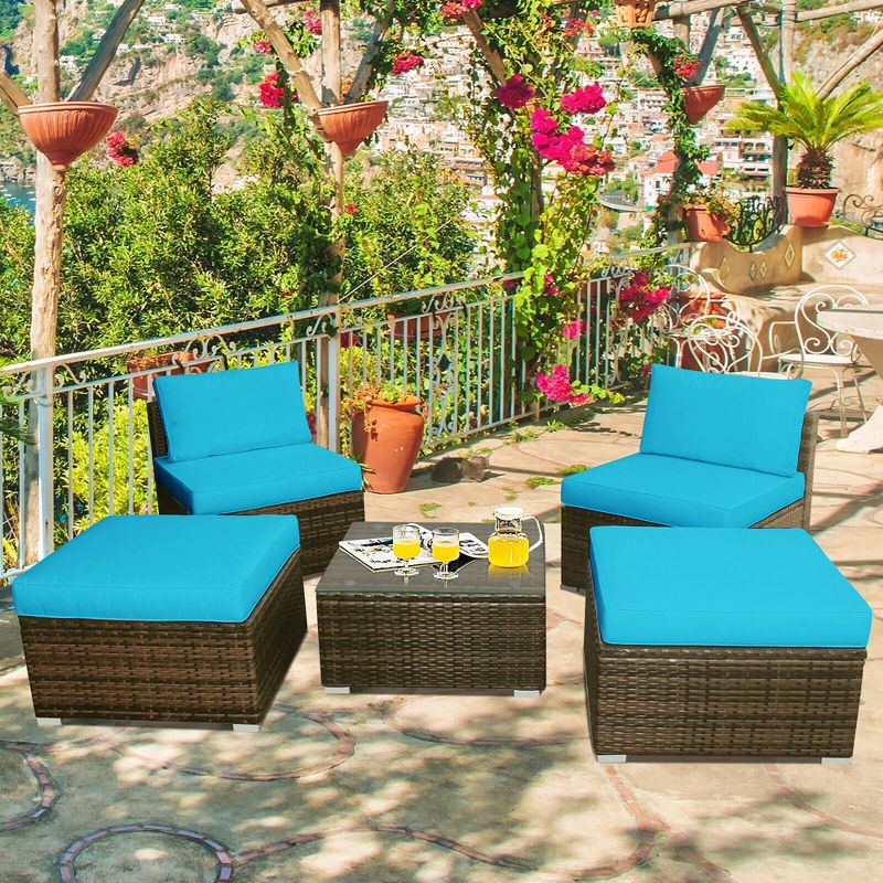 Costway 5PCS Patio Rattan Wicker Furniture Set Armless Sofa Cushioned Red/Turquoise, 2 of 13